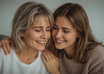 Mutter und erwachsene Tochter umarmen sich liebevoll, glücklicher Moment