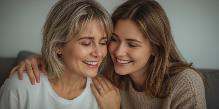Mutter und erwachsene Tochter umarmen sich liebevoll, glücklicher Moment