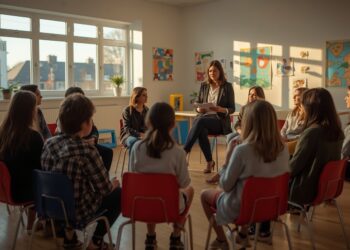 Eltern beim Elternabend im Kindergarten im Sitzkreis um eine Pädagogin