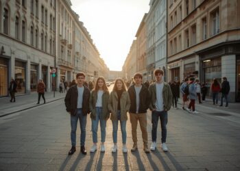 Gruppe deutscher Jugendlicher um 16 Jahre in deutscher Fußgängerzone